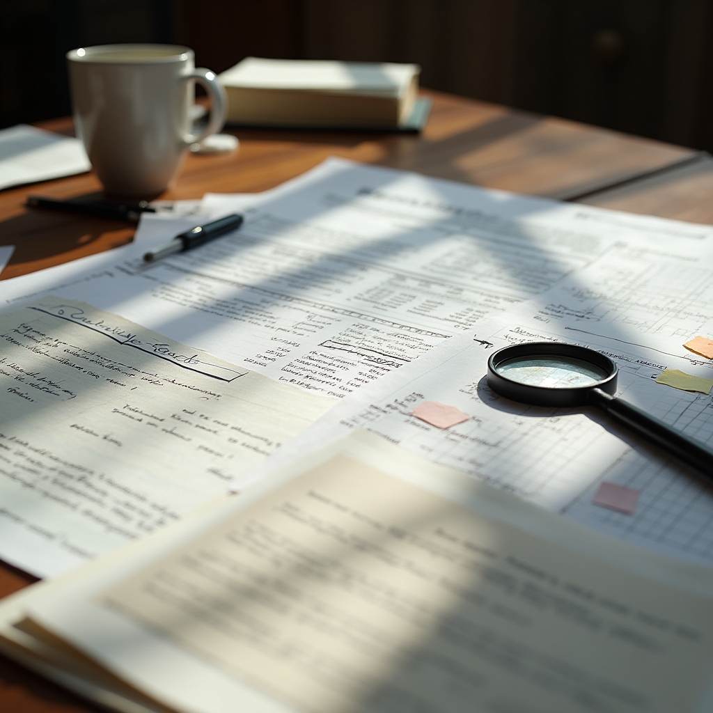 Research desk with financial documents and analysis materials